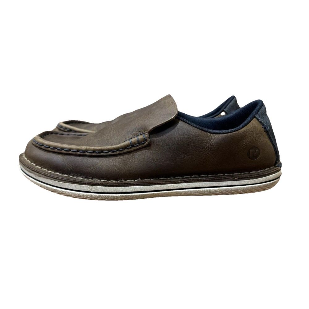 Merrell Men's 9.5 Brown Leather Slip On Low Top Bask Moc Toe Loafers Brindle